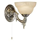 EGLO Wandlampe Marbella, 1 flammige Wandleuchte Vintage, Rustikal, Wandleuchte innen, Metallguss, Alabaster-Glas, Wohnzimmerlampe, Flurlampe Brüniert, Champagner, Lampe mit Zug-Schalter, E14 Fassung