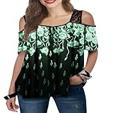 Damenmode Sexy Cold Shoulder Print Sling Kurzarm T-Shirt Lässig Lose Persönlichkeit Patchwork Temperament Allgleiches T-Shirt Top M