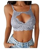 KIMODO Bustier Rückenfrei Dessous V-Ausschnitt BH Push Up Bustier Damen Spitze Weich Bra Große Größen Spaghetti Crop Tank Tops Shirt Nachthemd Lingerie Nachtwäsche (A-Silber, XL)