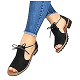 YHIIen Women Ladies Squared Heel Solid Bowkont Sandals Casual Lace Up Peep Toe Shoes 1014DEC095