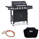 TAINO RED 4+1 Grillwagen BBQ Edelstahl-Brenner Gasgrill schwarz inkl. Zubehör Abdeckplane Haube Gasreg