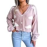 Damen Pullover Weißer Wolkendruck Lockerer Mantel V-Ausschnitt Strickjacke Lässiges Top