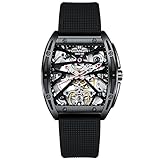 Steampunk Herren Automatik Mechanische Uhren Tonneau Rechteck Skeleton Zifferblatt Synthetischer Saphir Kristall Edelstahlgehäuse Silikonband Coole Einzigartige Sport Big Face Armbanduhr (Gold)