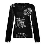 YANGQI Damen Blumen Spitze Lange Ärmel Sexy Tiefer V-Ausschnitt Elegante Patchwork Briefdruck Chiffon-Bluse Oberteile Damen Sexy Herbst H