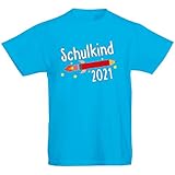 Shirt-Panda Kinder T-Shirt Einschulung · Schulkind Rakete 2021 · Schulstart Shirt für Jungen und Mädchen · Grundschule Tshirt aus 100% Baumwolle · Unisex · Türkis 128