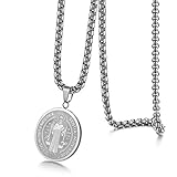 JewelryWe Schmuck Retro Herren Halskette Edelstahl Heilig Saint Benedikt Kreuz Christliche Katholische Runde Medaille Anhänger mit 22 Zoll Kette Silb