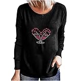 Oberteile Damen Lässiges Rosa Liebes Herz Druck T Shirt Pulli Tops mit Rundhalsausschnitt und Langen Ärmeln Frühling Herbst Langarmshirts Basic All Match B