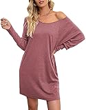 T-Shirt Damen Langarm Shirts Basic Top Casual Lose Lang Tee Shirt Kleider Einfarbig V-Ausschnitt Oberteile Tunika Bluse L&W