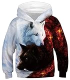 Ocean Plus Jungen Hoodie Tierdruck Kapuzenpulli mit Aufdruck Kapuzenpullover Kinder Sweatshirt Hooded Sweat (L (Körpergröße: 145-150cm), Engel und Teufel Doppelwolf)