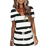 EpicLife Lässiges Y2K Minikleid für Damen, ärmellos, Spaghetti, V-Ausschnitt, gestreift, Spleißriemen, mit Kordelzug, Gürtel, schwarz / weiß, M