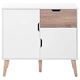 Itopfoxeu Anrichte Sideboard, Kommode mit 1 Schublade & 2 Türen, Schrank für Schlafzimmer/Wohnzimmer/Esszimme, 5 Stützbeine, Beistellschrank, Weiß + Eiche aus Holz 89 * 39 * 82.5