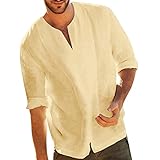 Herren Shirt 3/4 Ärmel Leinenhemd aus Baumwollmischung Regular Fit Freizeithemd Atmungsaktiv V-Ausschnitt Einfarbig Sommer Shirt für M