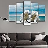 5-Teiliger Kunstdruck Auf Leinwand, Eisbären an einem Winterstrand Aussehenwandbild, Malerei Set Kunst Handwerk Bilder Für Haus Wand Dekor (Sweet Home-150X80cm)