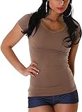 Jela London Damen Longshirt T-Shirt lang Stretch V-Ausschnitt Kurzarm einfarbig sexy eng-anliegend, Hellbraun 36-38 (L)