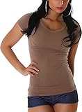 Jela London Damen Longshirt T-Shirt lang Stretch V-Ausschnitt Kurzarm einfarbig sexy eng-anliegend, Hellbraun 36-38 (L)