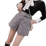 Pokem&Hent Herbst und Winter Hohe Taille Weites Bein Wollshorts Damen Jacke Warme Shorts mit Gürtel A-Linie Shorts, grau, M Kurze S
