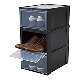 Iris Ohyama, 3er-Set Schuhboxen / Schuhschrank, transparent, stapelbar, bis 47-48, für Kleiderschrank oder Flur - Drop Front Box - EUDF-M, schwarz, 14 L, 28 x 35,5 x 18