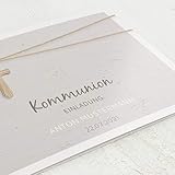 sendmoments Kommunionseinladungskarten, Holzkreuz rustikal, 5er Klappkarten-Set C6 148x105 mm, Kommunion Einladung personalisiert mit Text, optional passende Design-Umschläg