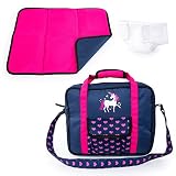 Bayer Design 69254AC Puppenzubehör, Puppenpflege Set, Wickelset für Puppen, Zubehör für Babypuppen mit Wickeltasche, Wickelunterlage, genähte Windel, blau, pink mit Einhorn u. H