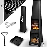 tillvex Terrassenofen mit Grillfunktion | Gartenkamin aus Stahl | Feuerstelle Gartenofen mit Abdeckung BBQ Grillrost Schürhaken Grillzange Bü