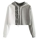 SALUCIA Cropped Hoodie Damen Teenager Mädchen Glitzer Pailletten Stitching Bauchfreie Kapuzenpullover Sweatshirt Pullover mit Kapuze Herbst Mode Langarmshirt Jumper Pulli Kurz Oberteile Crop Top