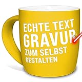 Tasse mit Gravur selbst gestalten - mit eigenem Spruch oder Wunschname gravieren - Keramiktasse außen gummiert - Gelb, 300