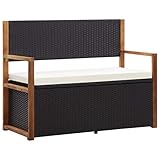 vidaXL Akazienholz Massiv Bank mit Stauraum Sitzbank Gartenbank Gartentruhe Truhenbank Kissentruhe Kissenbox Auflagenbox 110cm Poly Rattan Schw