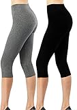 4How Kurze Sport Leggins Damen Capri Leggings 3/4 Länge Dreiviertel Hose Fitness Traininghose Yogahose Basic Leggings Baumwolle Blickdicht schwarz+grau L