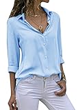 Cassiecy Damen Bluse Chiffon Elegant V-Ausschnitt Langarm Casual Oberteile Hemd Lose Langarmshirt Tops (M, Himmelblau)