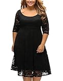 Aleumdr Damen Plus Size Cocktail Kleider Spitze Blumen Partykleid Uboot Ausschnitt V-Rücken, Schwarz, X-Large (EU40-EU44)