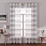 MIULEE Voile Vorhang Transparente Horizontale Streifen Gardine aus Voile mit Ösen Schlaufenschal Ösenschals Transparent Fensterschal Wohnzimmer Schlafzimmer 2er Set 225 cm x 140 cm(H x B)