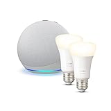 Echo Dot (4. Generation), Weiß + Philips Hue White-Lampe Doppelpack (E27), Funktionert mit Alexa - Smart Home-Einsteigerpak