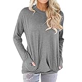 Frauen Langarm Tops Einfarbig T-Shirt Tunika Lässige Bluse Rundhals Hanky Saum Lose für Damen Plain Casual Stretchy T Basic Fit T-Shirt Top Damen Rundhals Fledermaus Langarm lose T-S