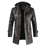 TIREOW Herren Leder Jacke Biker Motorradjacke Winter Casual Reißverschluss Langarm Hoodie Trenchcoat Mantel (Coffee, L)