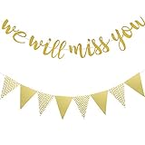 Wir Werden Dich Vermissen Banner We Will Miss You Deko Abschied Girlande Goodbye Deko Gold Glitzer Banner und Dreieck Flagge Banner für Ruhestand Abschied Weggehen Büro Arbeit Party