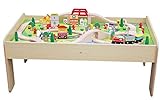 Coemo Spieltisch Natur mit Holz-Eisenbahn Set mit 91 Teilen - Multifunktionstisch für Kinder zum Spielen, Basteln, Bauen und Verbessern der Motorik als tolles Geschenk