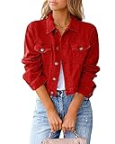 GUOCU Female Kurzer Einfarbig Jeansjacke Jacke Knopf Casual Vordertasche Frühling Herbst Mantel Langarm Fit Beiläufig Denim Sweatjacke Slim Geschäft Büro Jacke,Rot,S