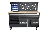 Profi Werkstattwagen schwarz 153cm - Werkstattschrank 6 Schubladen Werkbank mit 2 Türen und Lochwand - Arbeitsplatte aus Massivholz, 3 cm stark, Profi fahrbare Werkbank mit Schub