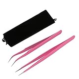 2 Stück Gerade und gebogene Spitze Pinzette Nipper für Wimpernverlängerungen, Rosa Edelstahl Falsche Lash Anwendung Werkzeug