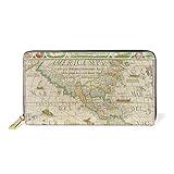 Karte Meer Welt Vintage Europa Damen Brieftasche Reißverschluss Geldbörse Echtes Leder Geldbeutel Telefon Kreditkartenetui Portemonnaie für Frauen M