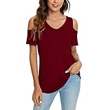 MEITING Damen T-Shirt Cold Shoulder Sommer Kurzarm Sweatshirts Lässig Elegant Oberteile mit Motive Frauen Casual Lose Einfarbig Tshirt Shirts Tops Basic Atmungsaktiv Bluse Tops Damenshirt S