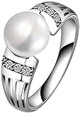 AmDxD Ring Hochzeitstag, Versilbert Freundschaft Ringe Simple Elegant Perle Zirkonia Weiß, Ringe Pärchen für Damen, als Geschenke für Frauen Mutter Freundin, Silber, Gr.57 (18.1)