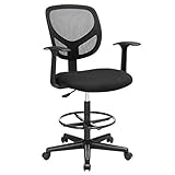 SONGMICS Arbeitsstuhl, Ergonomischer Bürostuhl mit Armlehnen, Sitzhöhe 55-75 cm, Hoher Drehstuhl mit verstellbare Fußring, Belastbarkeit 120 kg, Schwarz OBN25B