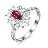 Daesar Trauring 750 Weißgold Ring Frauen, Blume mit Oval Rubin 0.45ct Ehering Weißgold Verlobungsring Diamant Gr.47 (15.0)