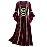 GOKOMO Kleider Damen Mittelalter Hofkleidung Reto Rechteckig Glocke Hülse Kleid Partykleid Court Kleidung MaxiKleid(1L,Wein)