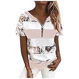 Damen Blusen Reißverschluss Bluse Tunika Oberteile T-Shirt V-Ausschnitt Tops Ausgeschnitten Kalte Schulter Damen T-Shirt Sommer Tunika Sommerbluse Tops S