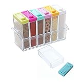Gewürzdosen Set Kunststoff, 6er Transparente Gewürzdose mit Tablett Transparente Salz, Versiegeltes Gewürzstreuer aus Kunststoff Camping Gewürzbox für Aufbewahrung Küche Salz Pfeffer Gewürze (Bunt)