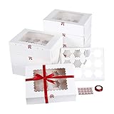 Jespeker 12 Stück Kuchen Transportbox Pappe Geschenkbox Kuchenbehälter 12 Cupcakes Einstellen mit Satinband Rot für Kuchen Patisserie Torten Gebäck Kekse usw, Weiß(32,5X 25 x9 cm)