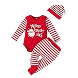 SKZZVI Baby Mädchen Dreiteiliger Anzug, Buchstaben Print Streifen Langarm Strampler + Hose + Hut für Weihnachtsfeier (rot, 6-9 Months)