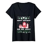 Damen Happy Birthday our Brother Jesus Ugly Christmas Weihnachten T-Shirt mit V